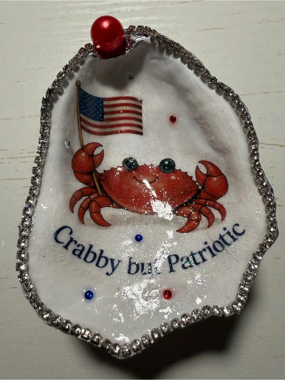 Handcrafted Patriotic Crab Oyster Shell trinket dish with red crab